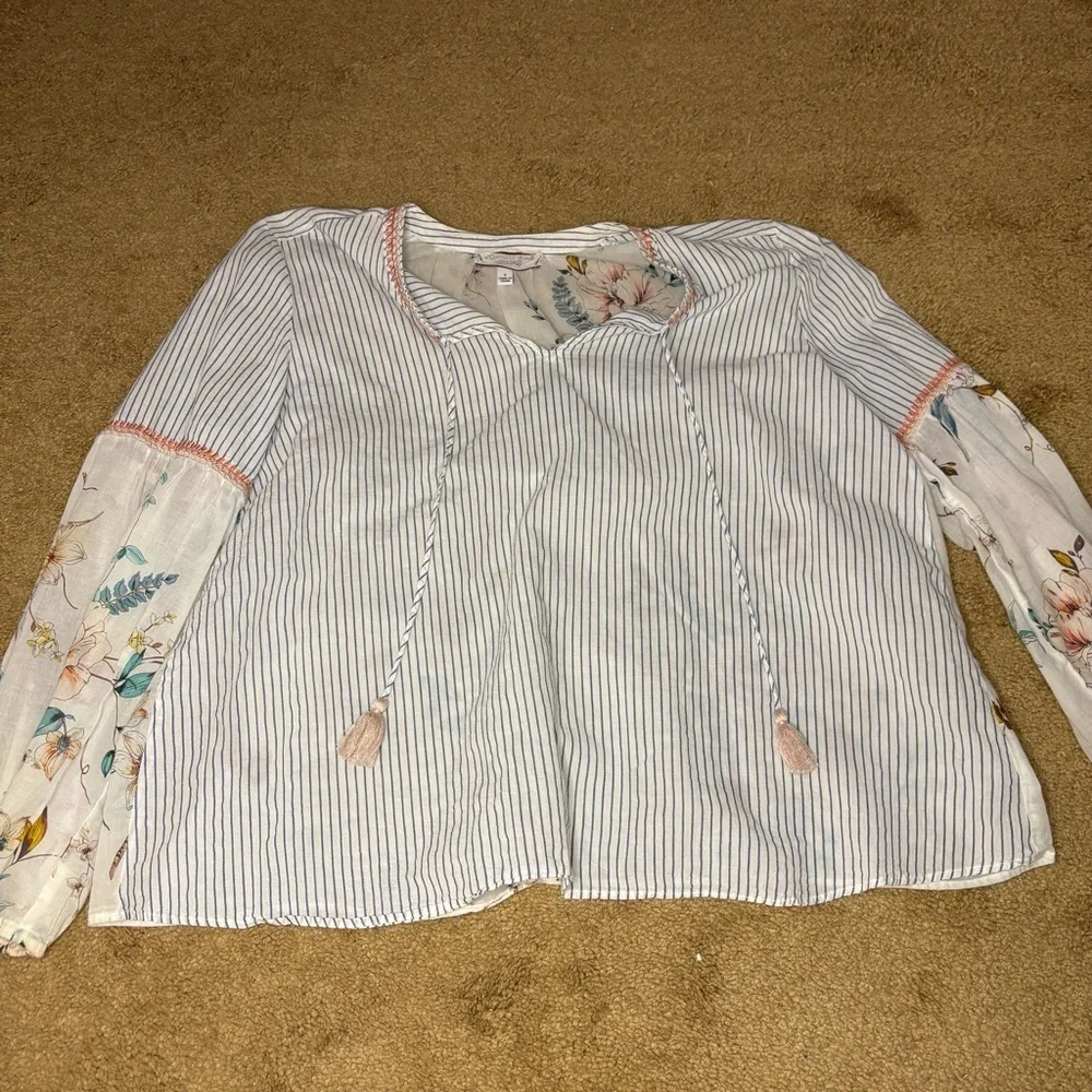 Johnny Was Workshop Effortless Puff Sleeve Peasant Blouse Tassel Scarf Mix Sz S